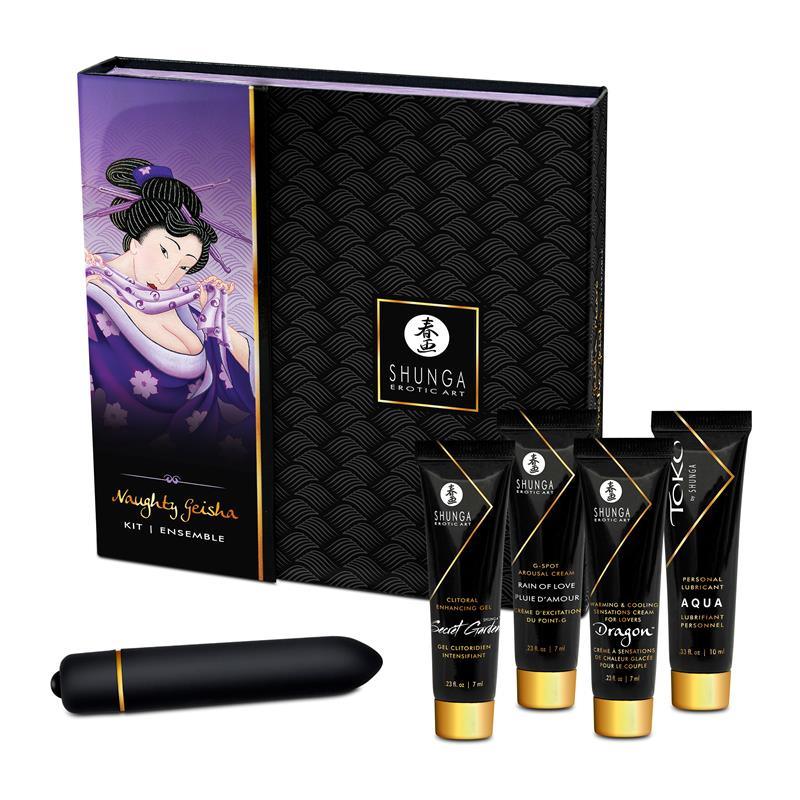 Set premium crema, geluri erotice si vibrator, Naughty Geisha Coquine, Shunga - Erotic Emporium