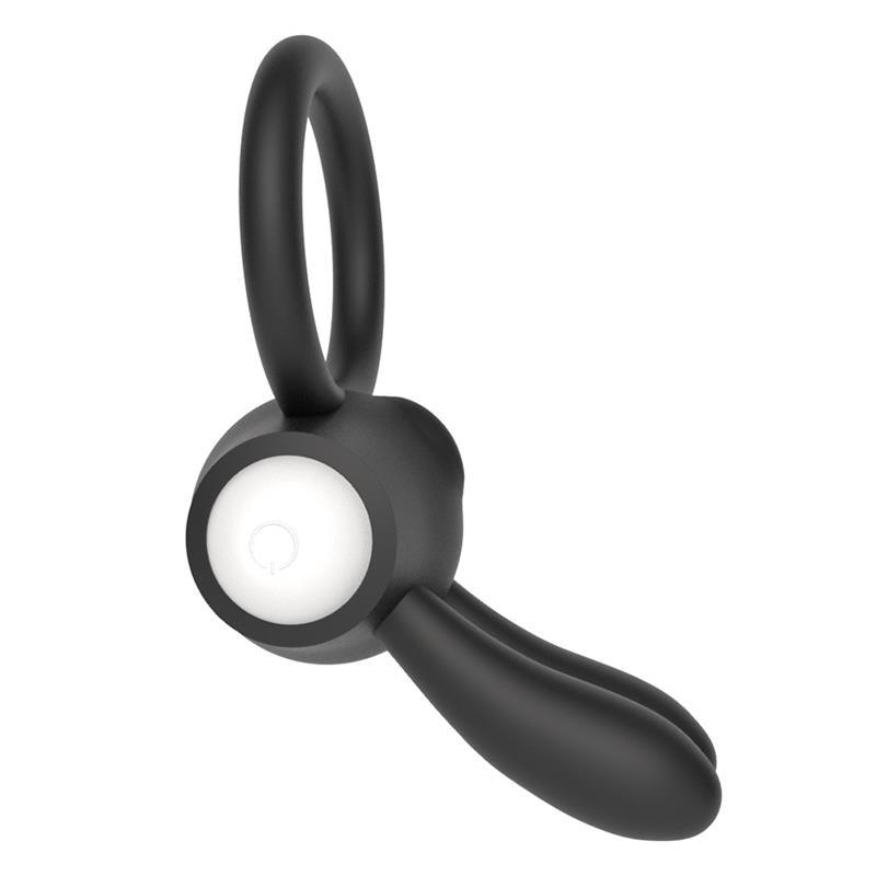 Inel penis dublu, silicon, negru, vibratie, stimulare clitoris, Rabbit, LoveToy - Erotic Emporium