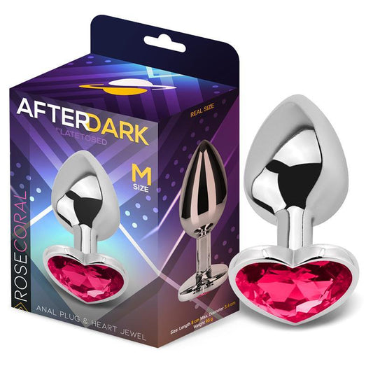 Plug anal, aluminiu, roz coral, diamant formă inimă, mărime M, AfterDark - Erotic Emporium