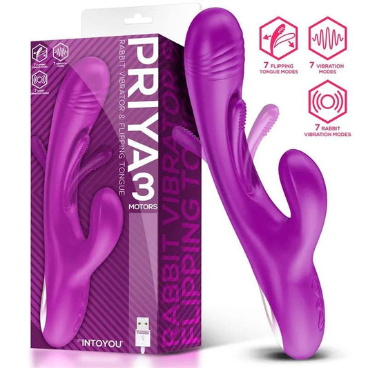 Vibrator Stimulare Clitoris, Silicon, Mov, 21 functii combinate, USB, Rabbit Vibrator Flipping Tongue, Priya, InToYou
