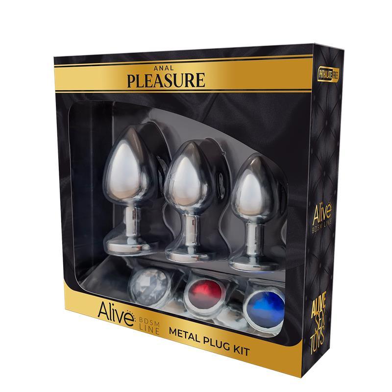 Plug anal, set 3 bucăți, metal, trei dimensiuni, diamant alb, roșu și albastru, Anal Pleasure - Erotic Emporium