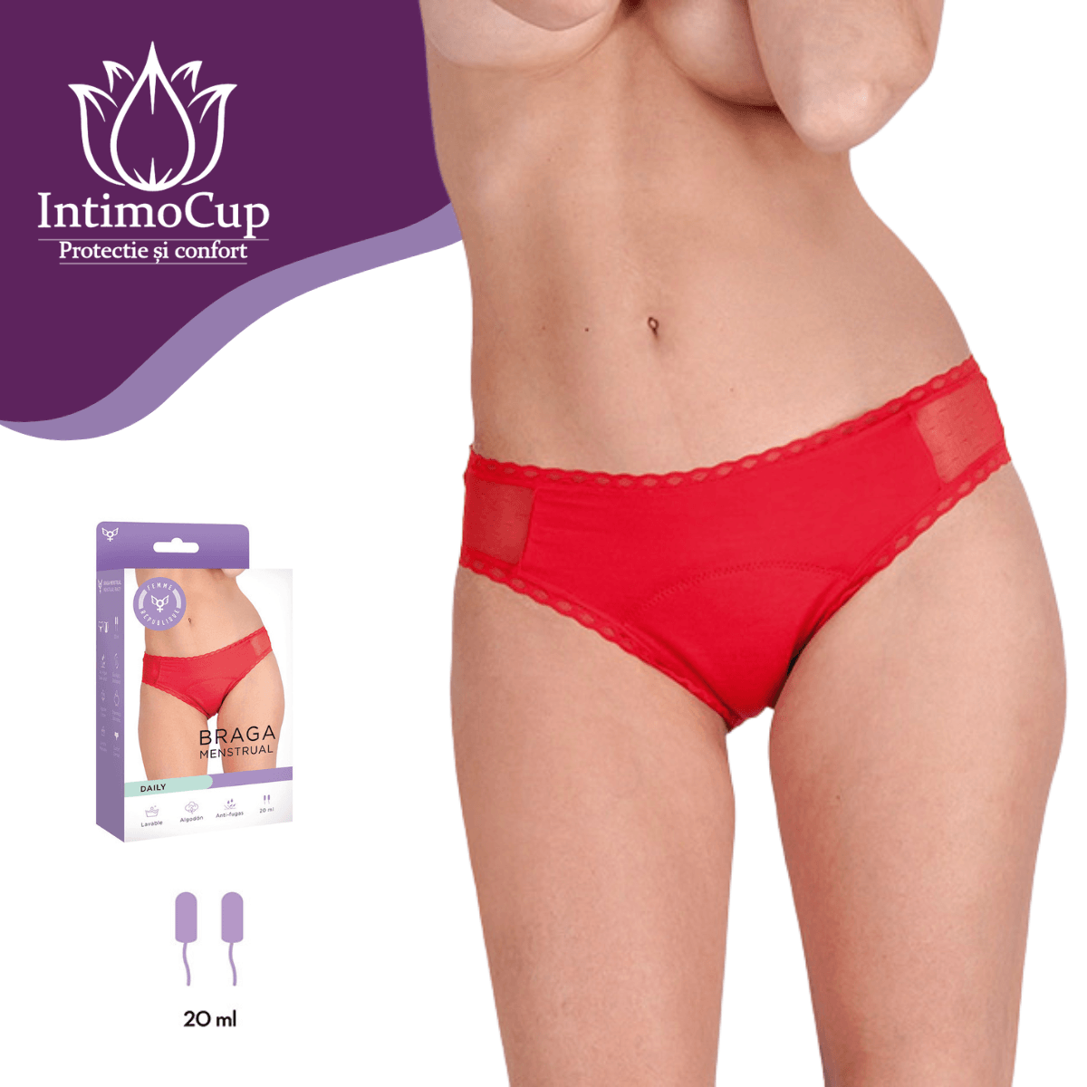 Chiloți menstruali, Braga DAILY, roșu, absorbție normală - Erotic Emporium