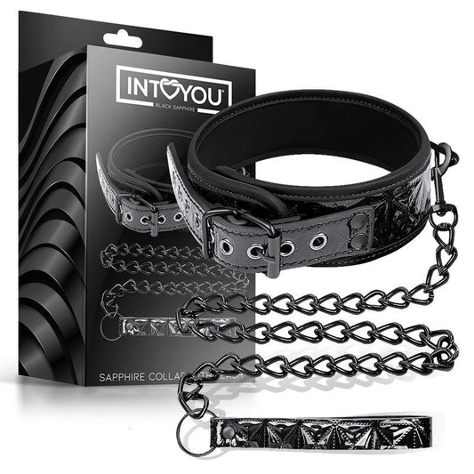 Zgarda piele BDSM, Sapphire Collar cu Lanț Safir Piele Vegană - Erotic Emporium