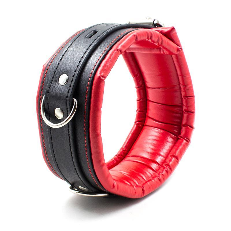LateToBed Collar cu Lanț Metalic Căptușit pe Interior Roșu și Negru - Erotic Emporium