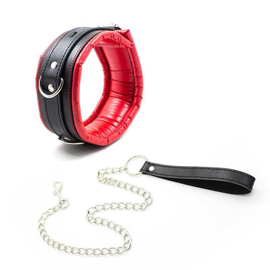 LateToBed Collar cu Lanț Metalic Căptușit pe Interior Roșu și Negru - Erotic Emporium